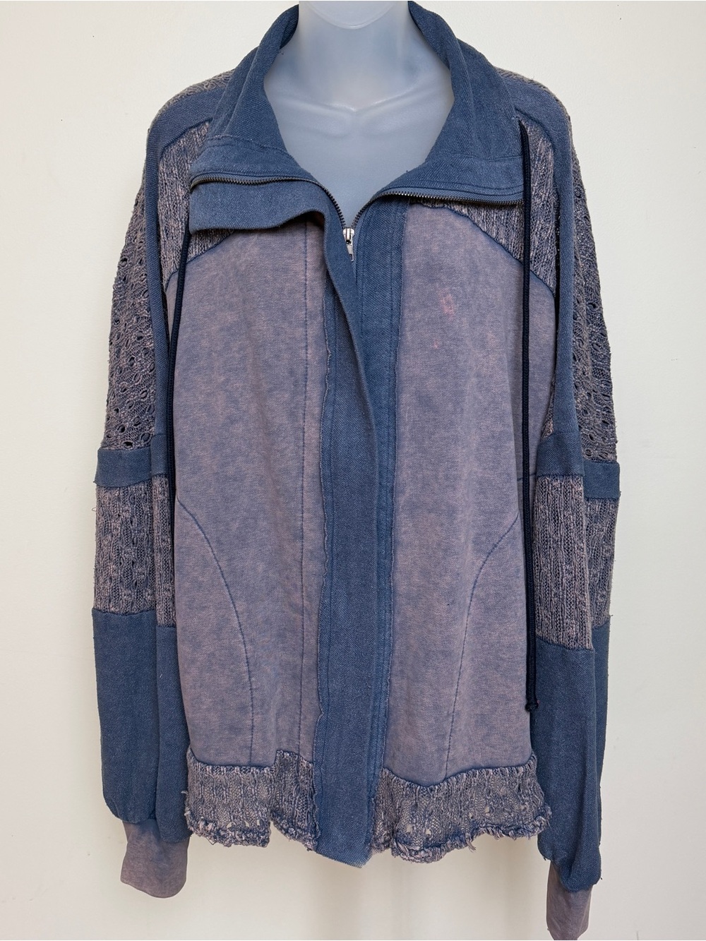 Oli & Hali Dusty Blue Mixed-Knit Zip Front Bomber